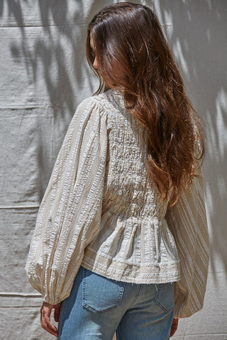 Ellery Smocked Top Ivory Taupe