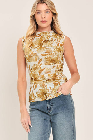 Printed Power Mesh Top Brown