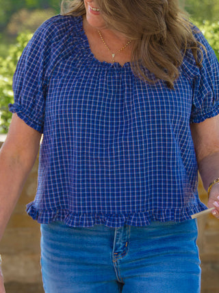 Puff Sleeve Check Top - Blue