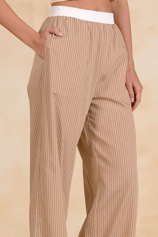 Tan STripe Elastic Waist Pants